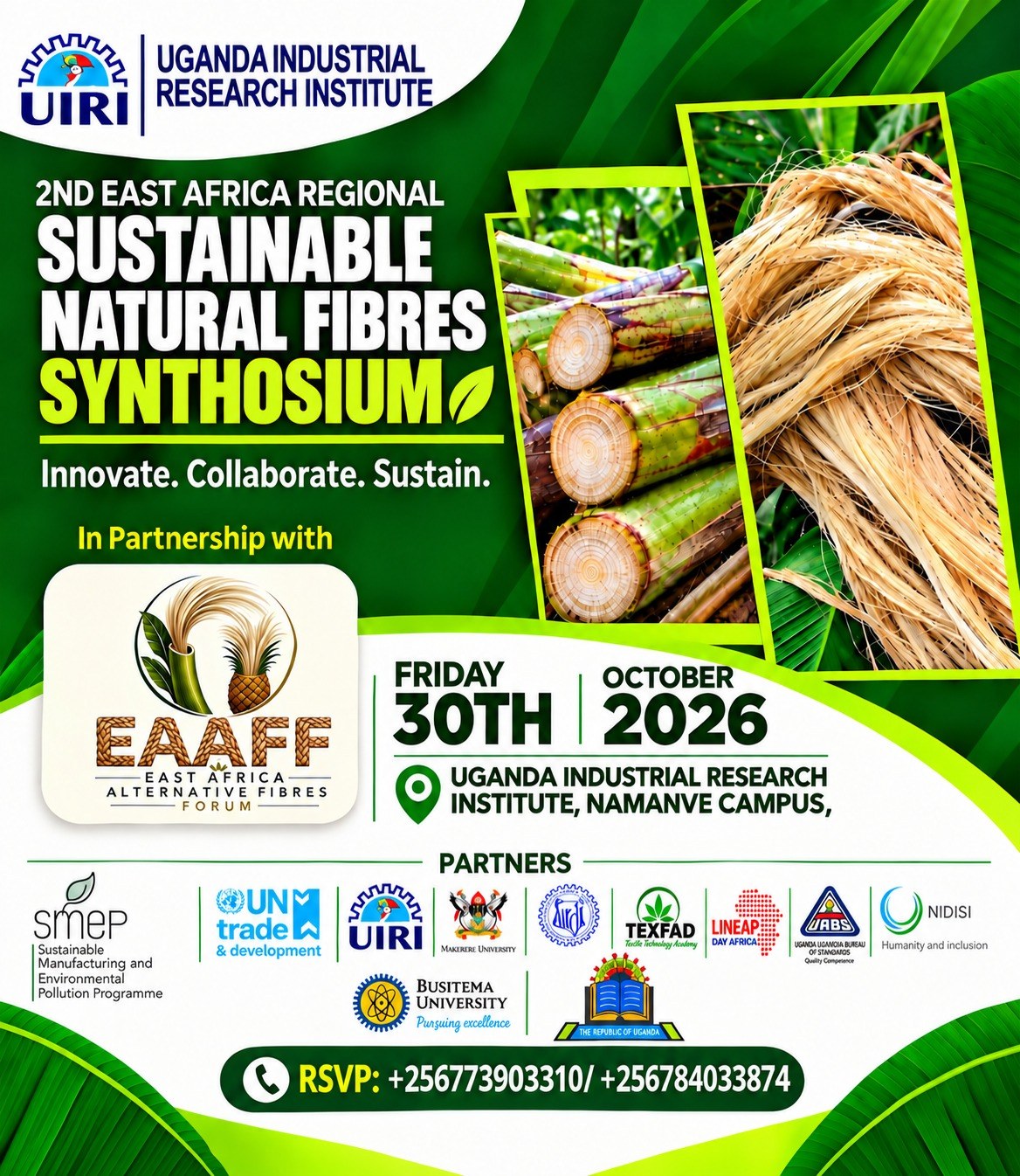 Poster for the 2nd East Africa Regional Sustainable Natural Fibres Symposium on Friday, 30 October 2026 at UIRI Namanve Campus, with partner logos and RSVP numbers
